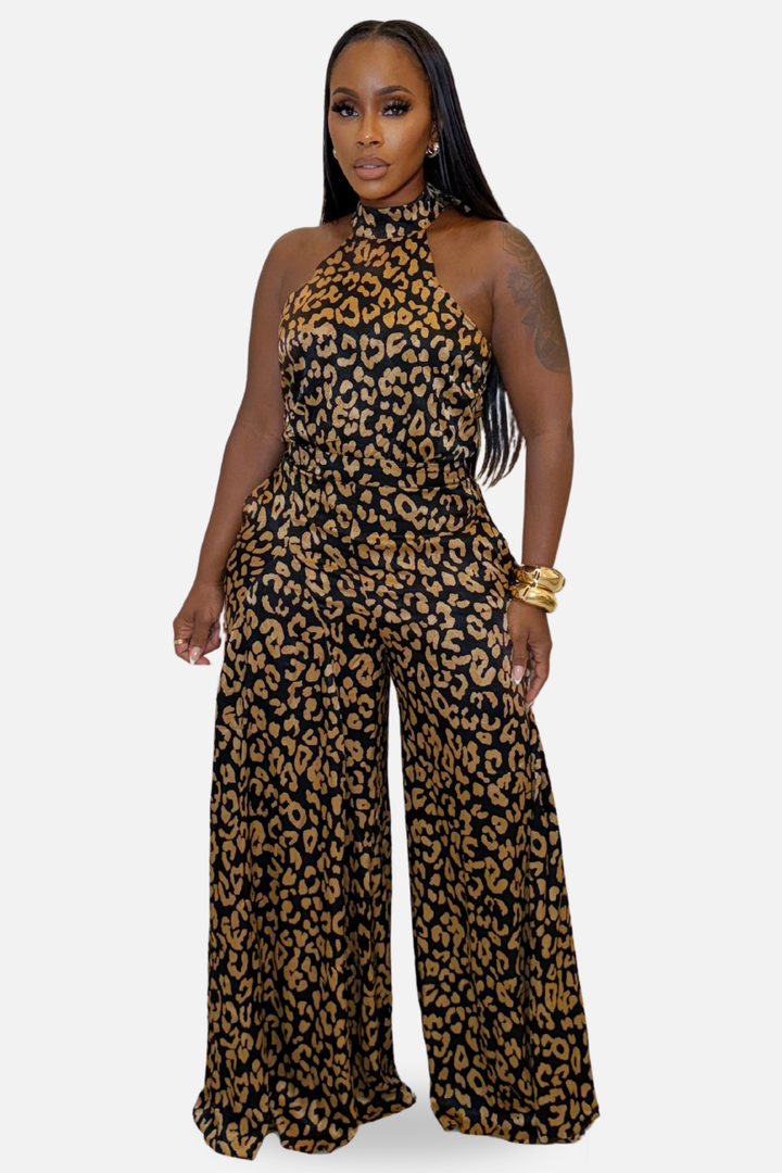The Savannah Leopard Print Wide-Leg Jumpsuit – Black/Tan
