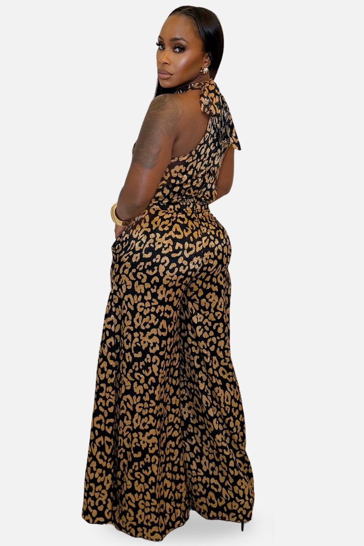 The Savannah Leopard Print Wide-Leg Jumpsuit – Black/Tan