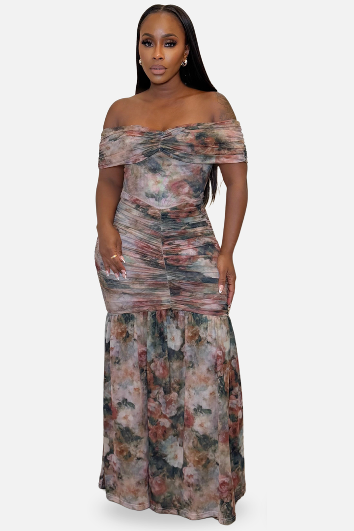 Romantic Bloom Off-Shoulder Maxi Dress – Multi Floral