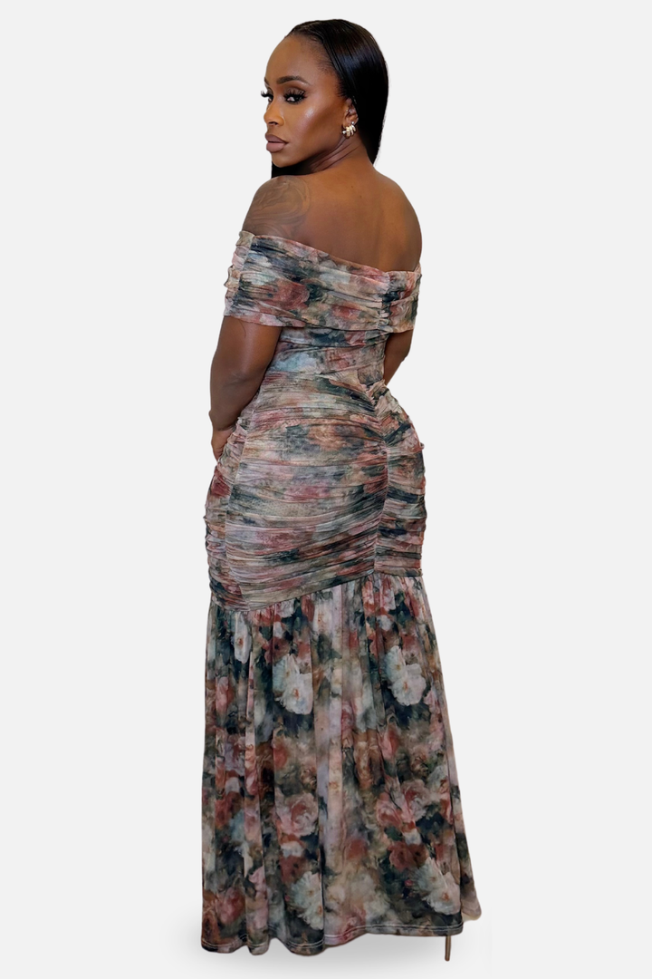 Romantic Bloom Off-Shoulder Maxi Dress – Multi Floral
