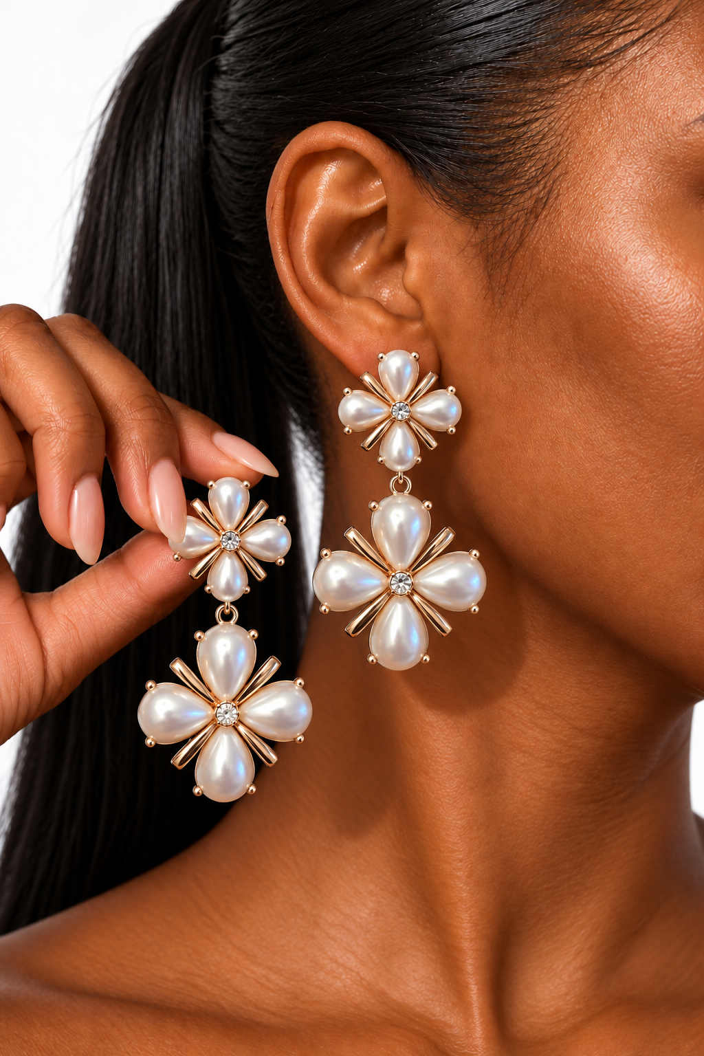 The Rosalie Pearl Earrings — Double Flowers