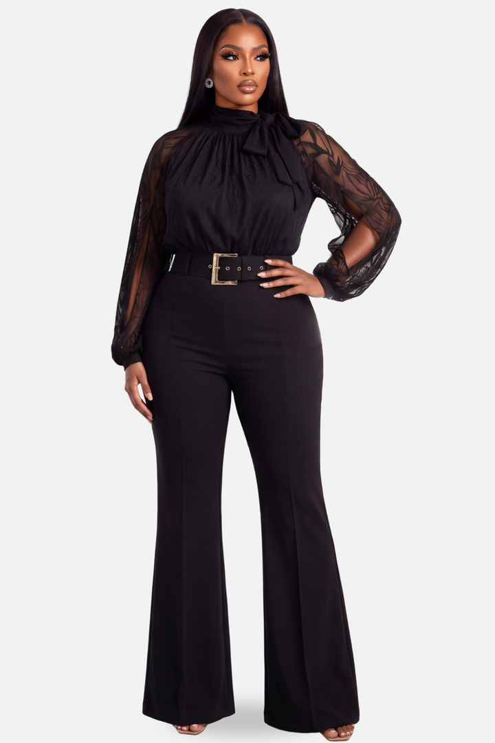 Midnight Elegance Lace Sleeve Jumpsuit (Black)