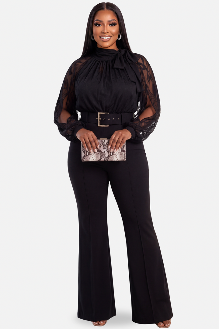 Midnight Elegance Lace Sleeve Jumpsuit (Black)