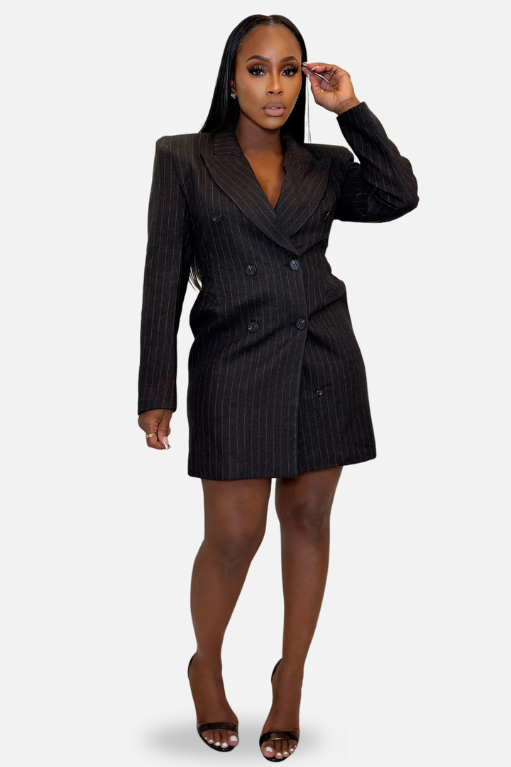 The Executive Pinstripe Blazer Dress [Charcoal Black]
