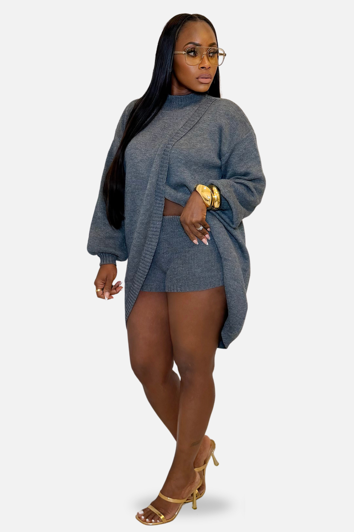 Cozy Chic Wrap Knit Shorts Set [Grey]