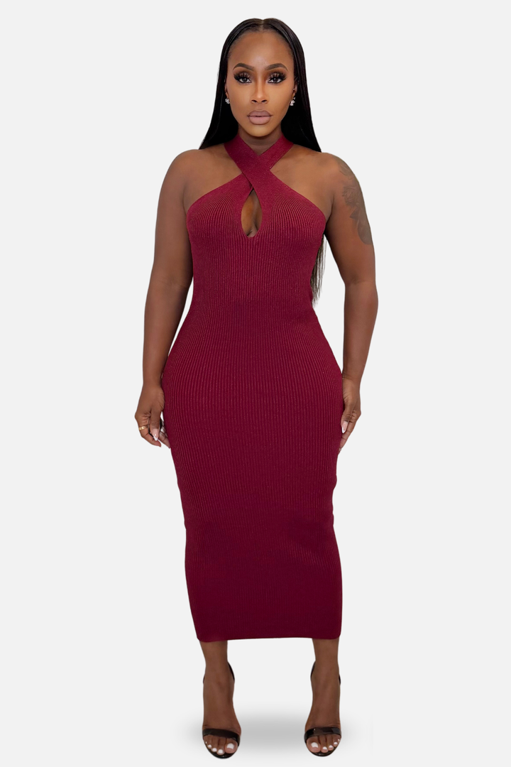 Amara Cross-Halter Ribbed Midi Dress