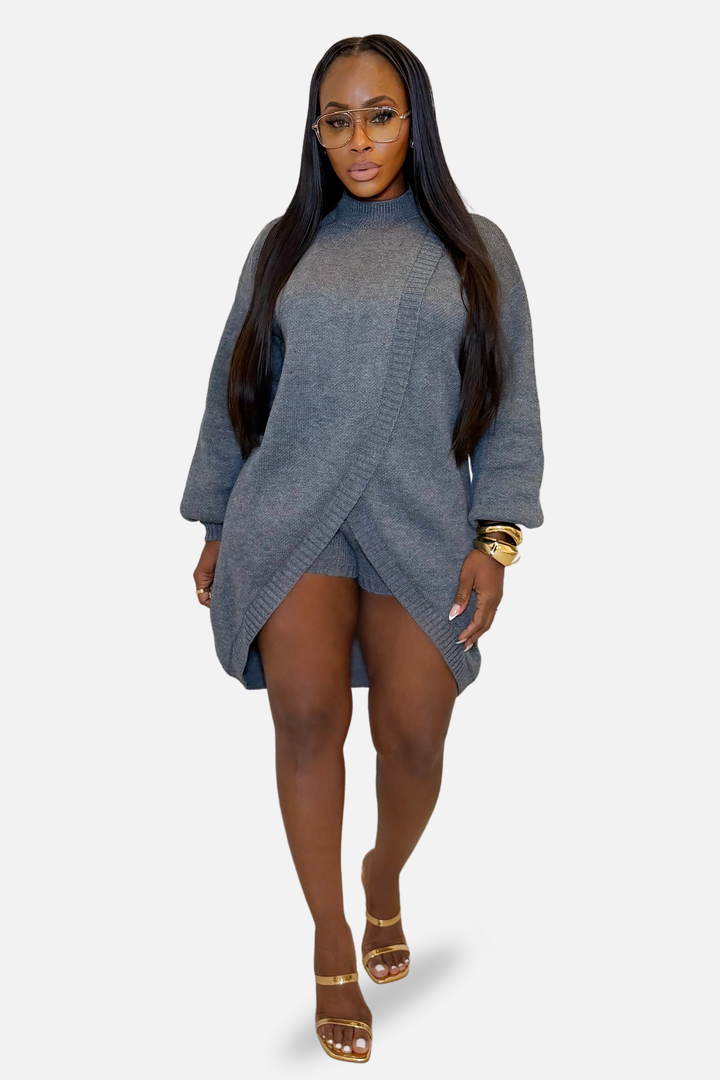 Cozy Chic Wrap Knit Shorts Set [Grey]