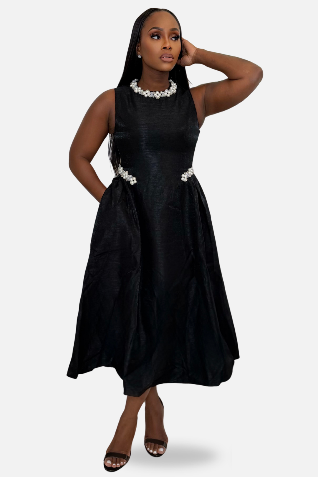 Pearl Elegance Midi Dress [Black]
