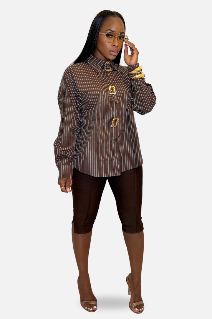 Luxe Pinstripe Statement Shirt (Brown Stripe)