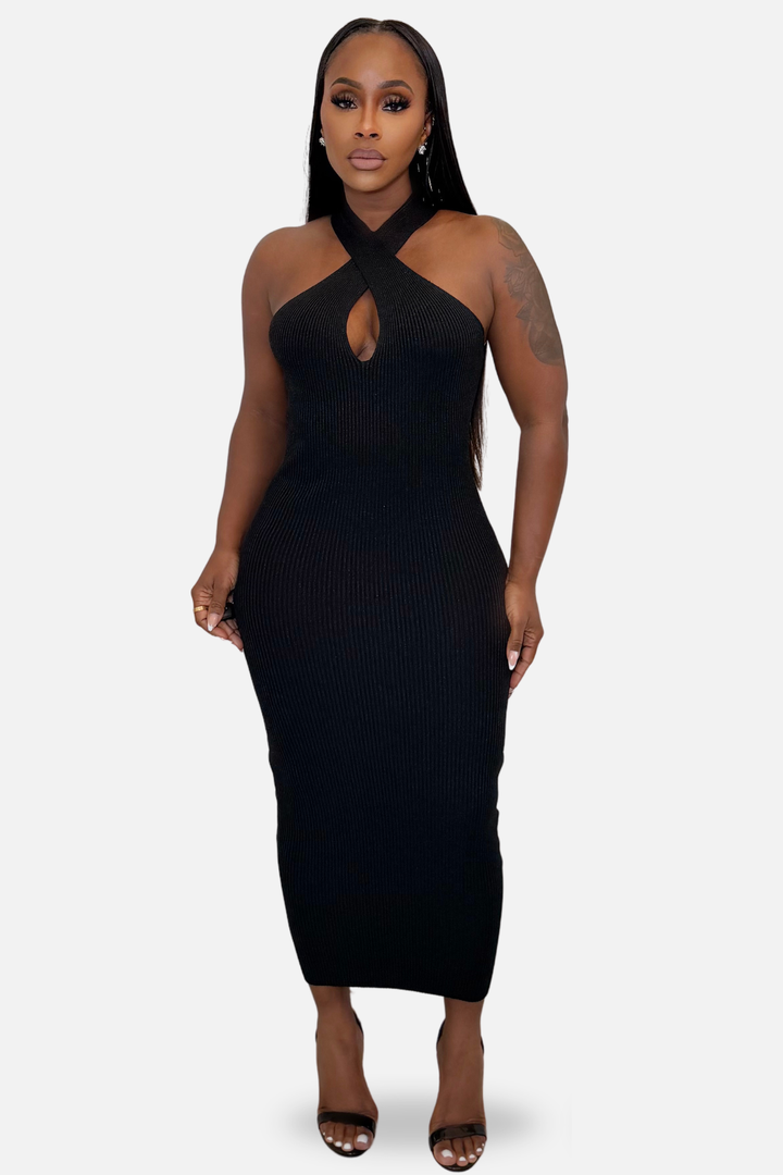 Amara Cross-Halter Ribbed Midi Dress