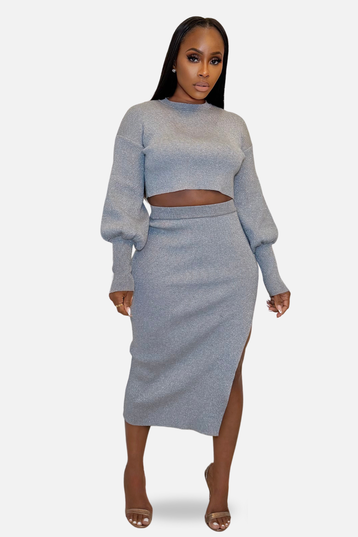Silver Muse Knit Skirt Set [Silver]