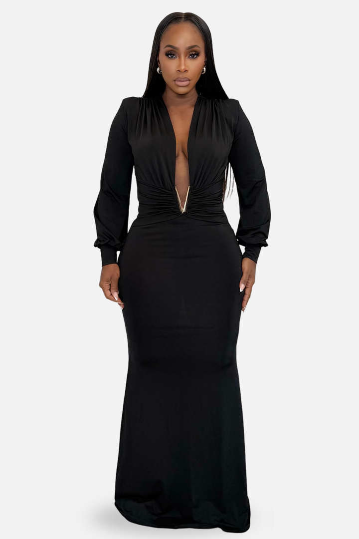 Midnight Allure Plunge Maxi Dress (Black)