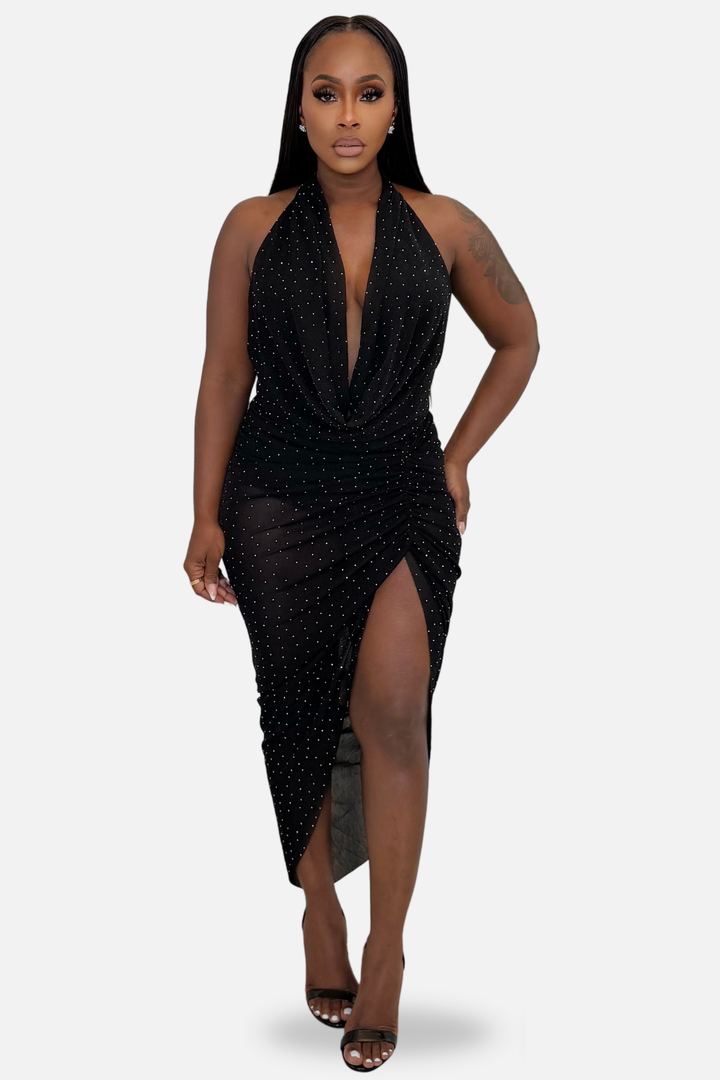 Midnight Sparkle Halter Midi Dress [Black]