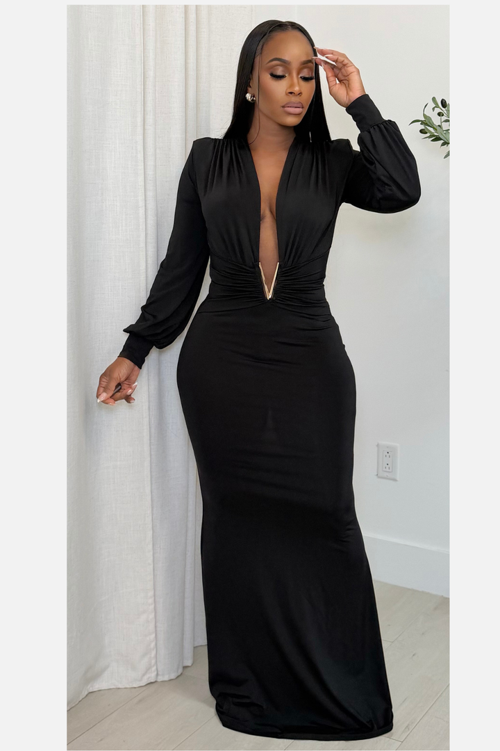 Midnight Allure Plunge Maxi Dress (Black)