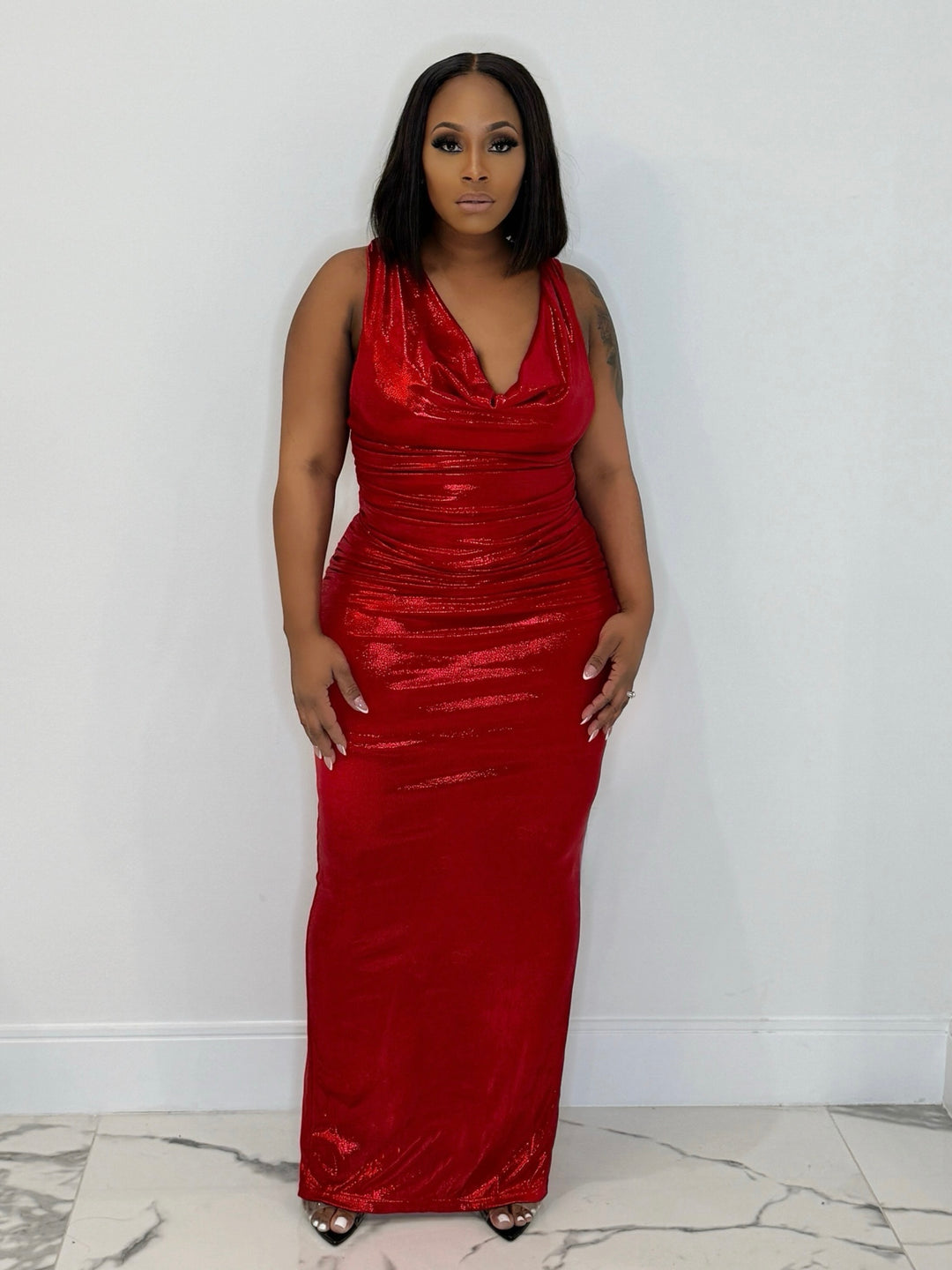 Red Carpet Event Metallic Drape Gown (Red)