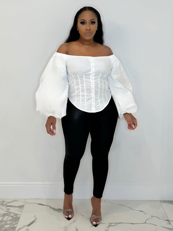 Balloon Sleeve Button Up Off The Shoulder Top (White)