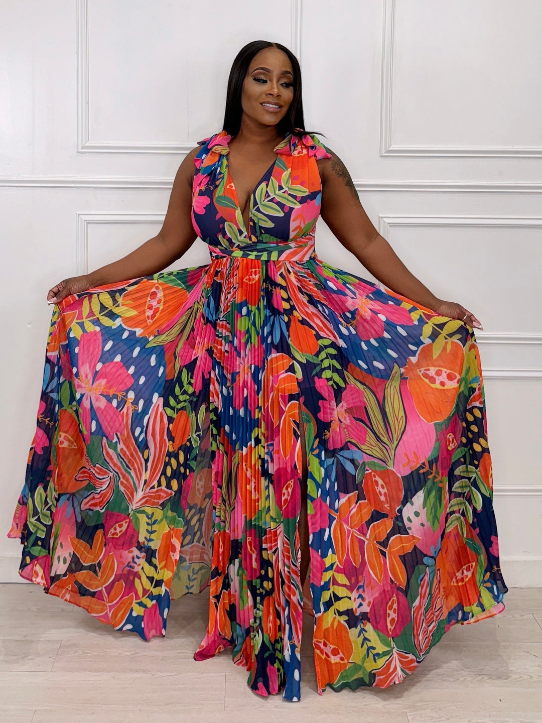 In The Tropics Pleated Slit Maxi Dress(Multi)