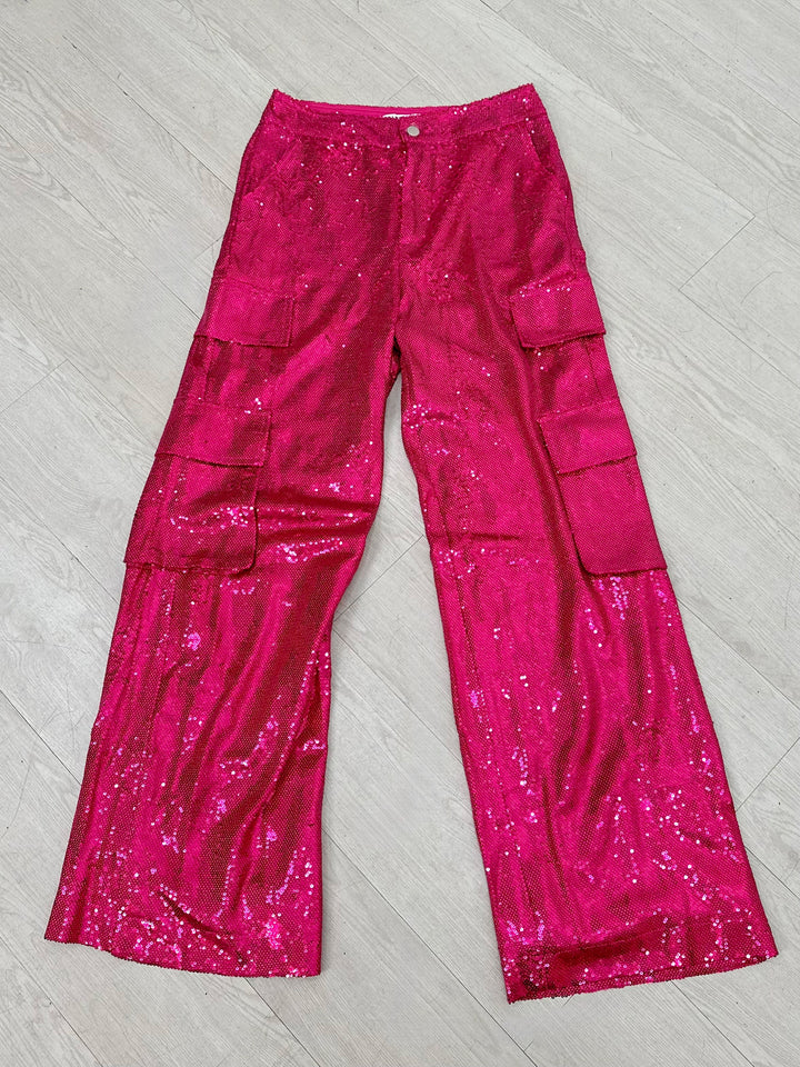 High Waist Sequin Cargo Pants (Pink)