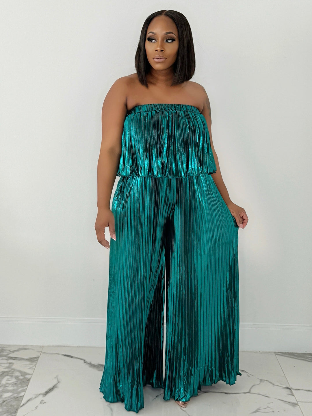You Complete Me Metallic Tube Jumpsuit (Teal)