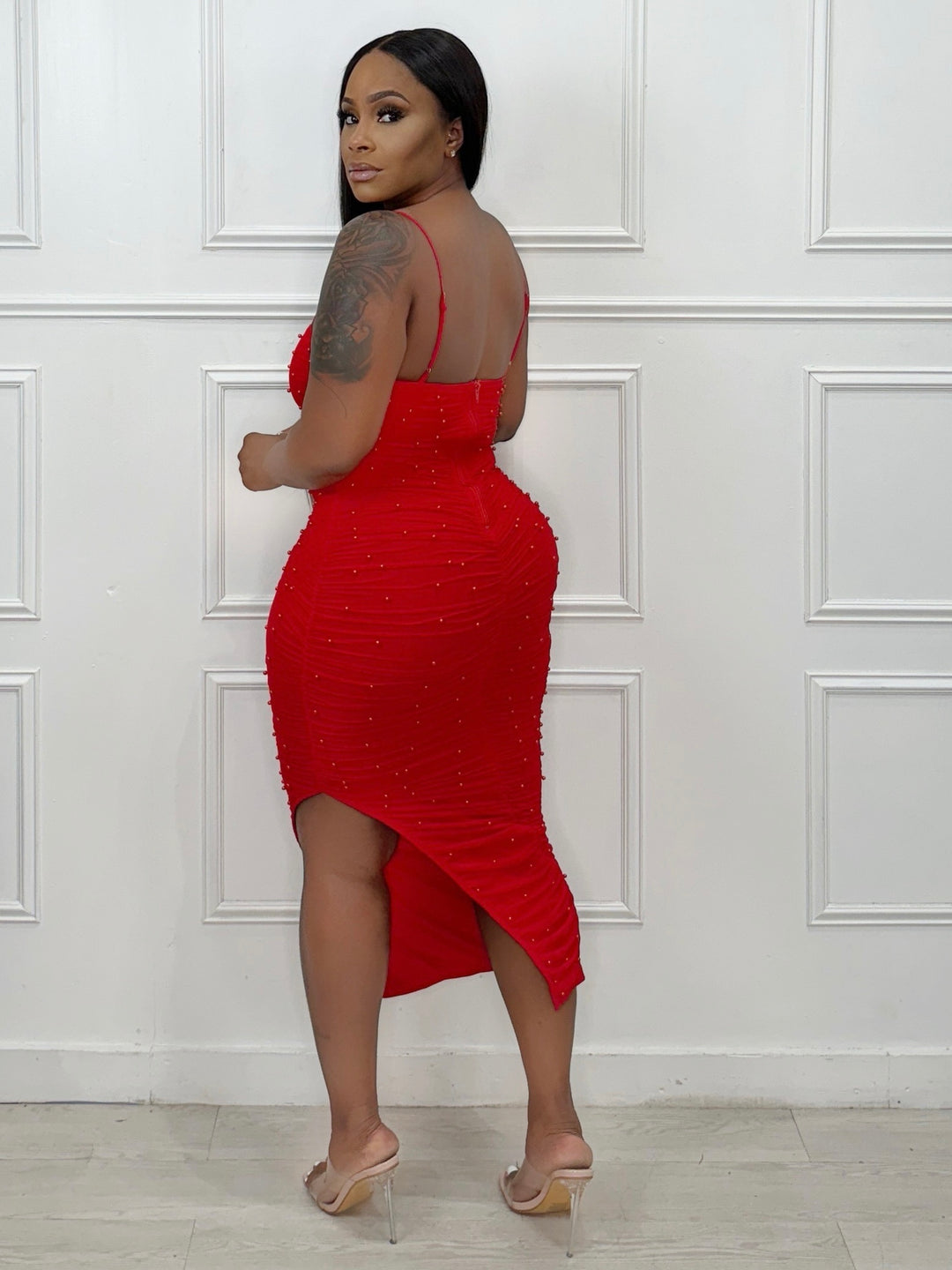 Bed Of Pearls Mesh BodyCon Midi Dress (Red)