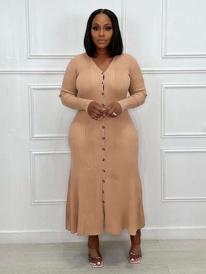Sophisticated Casual Button Up Midi Dress (Camel)