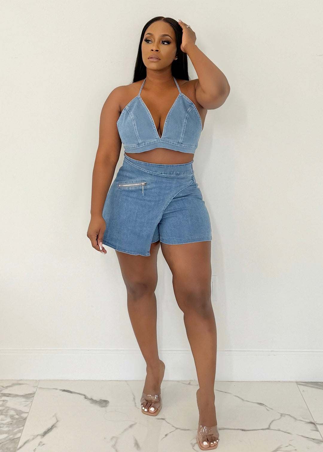 Denim Combo Shorts & Bra Set (Denim)