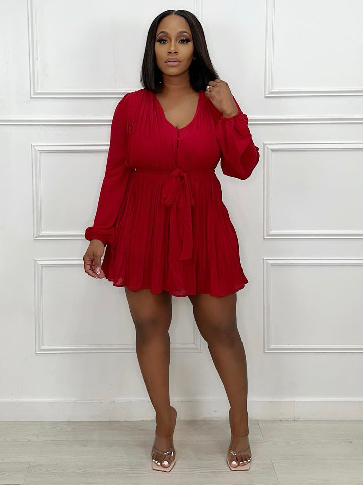 Pleated And Belted Long Sleeve Romper (Burgundy)