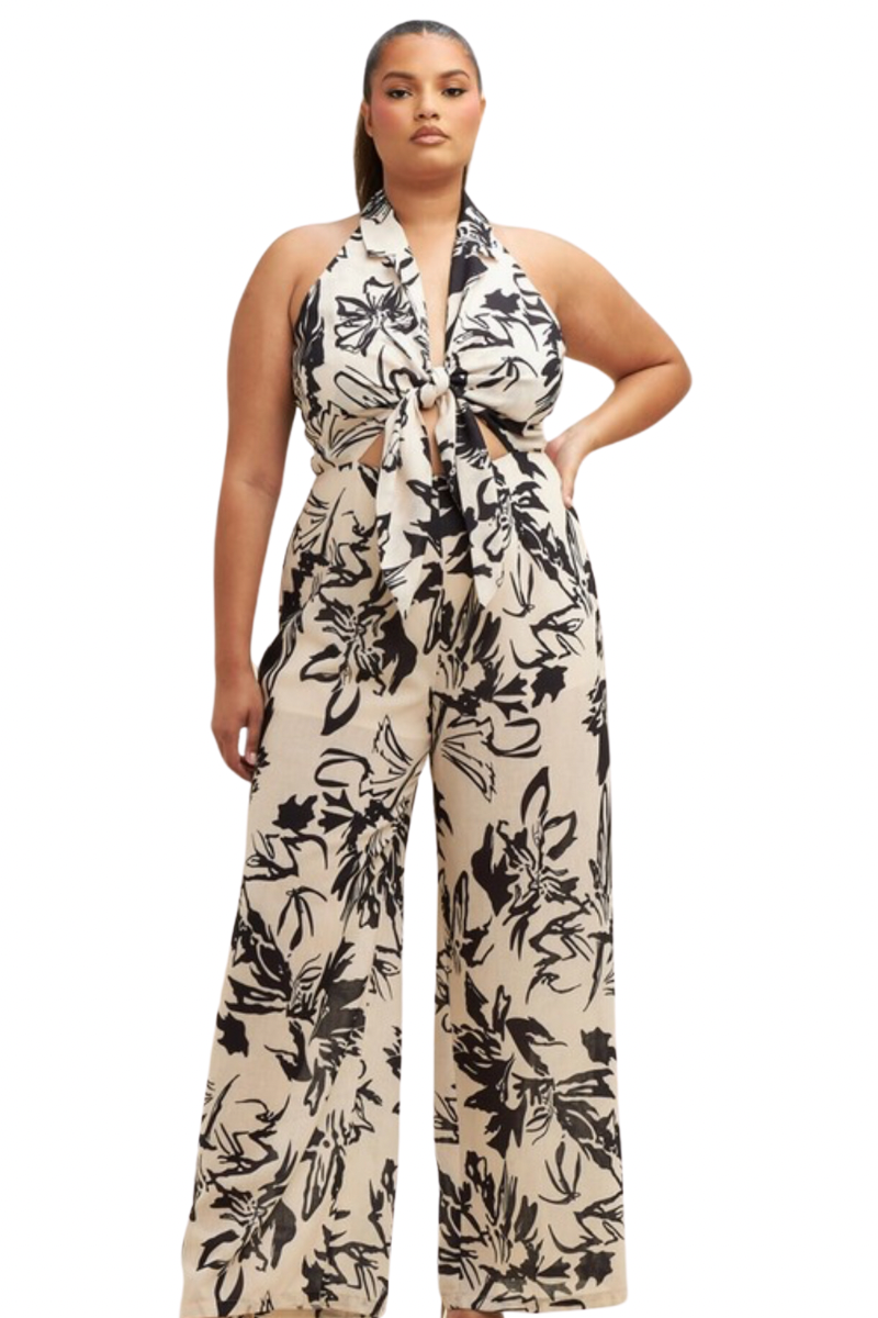 Boho Chic Halter Jumpsuit (Black & Ivory)