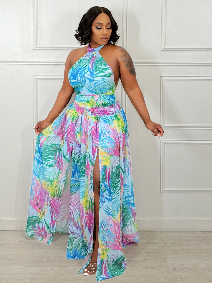 Bird Of Paradise Halter Maxi Dress(Light Blue Maxi)