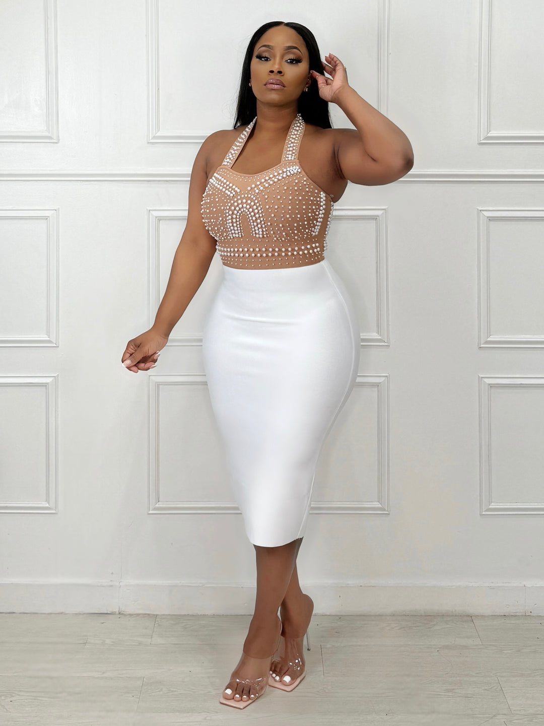 Oh So Extra Pearl Bandage Dress (White/Nude)