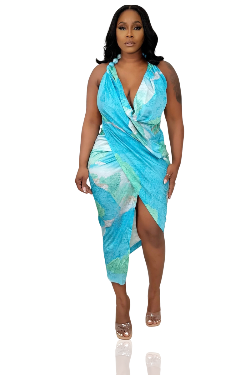 Water Color Cowl Neck Midi Dress (Blue Multi)