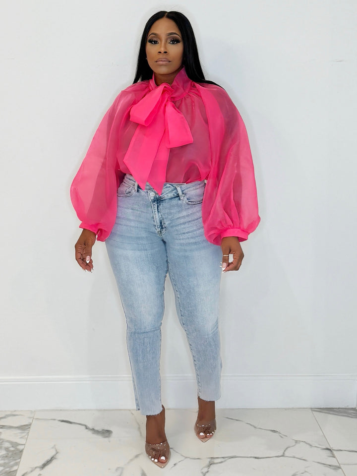 Take A Bow Balloon Sleeves Top (Pink)
