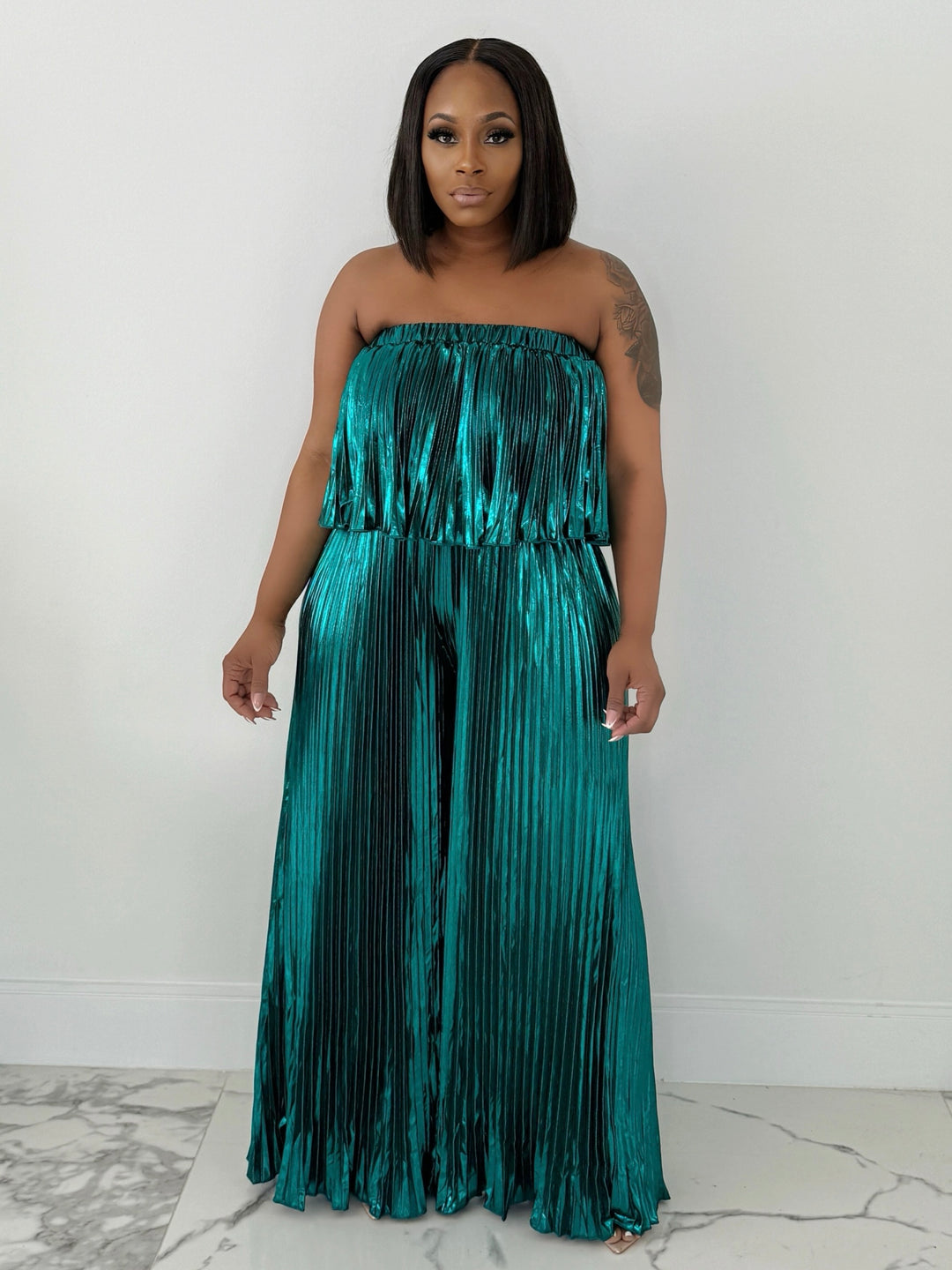 You Complete Me Metallic Tube Jumpsuit (Teal)