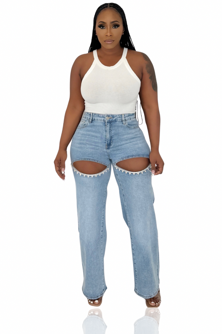 Cut Thighs Rhinestone Stretch Denim