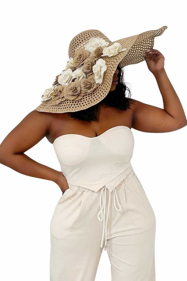 Summer Neutral Roses Floppy Hat (Natural)