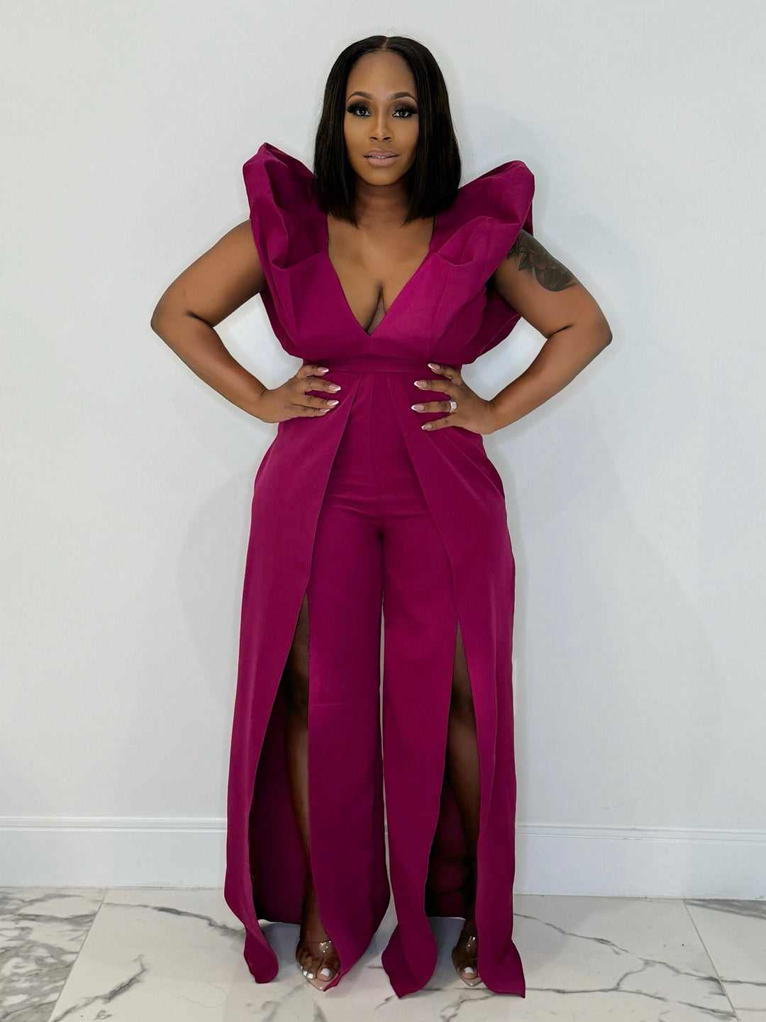 Giving It My All Puff Shoulder Jumpsuit (Magenta)