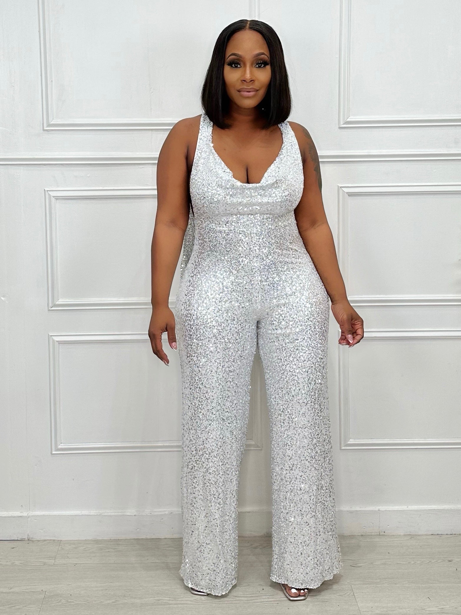 Sequin jumpsuit cheap white