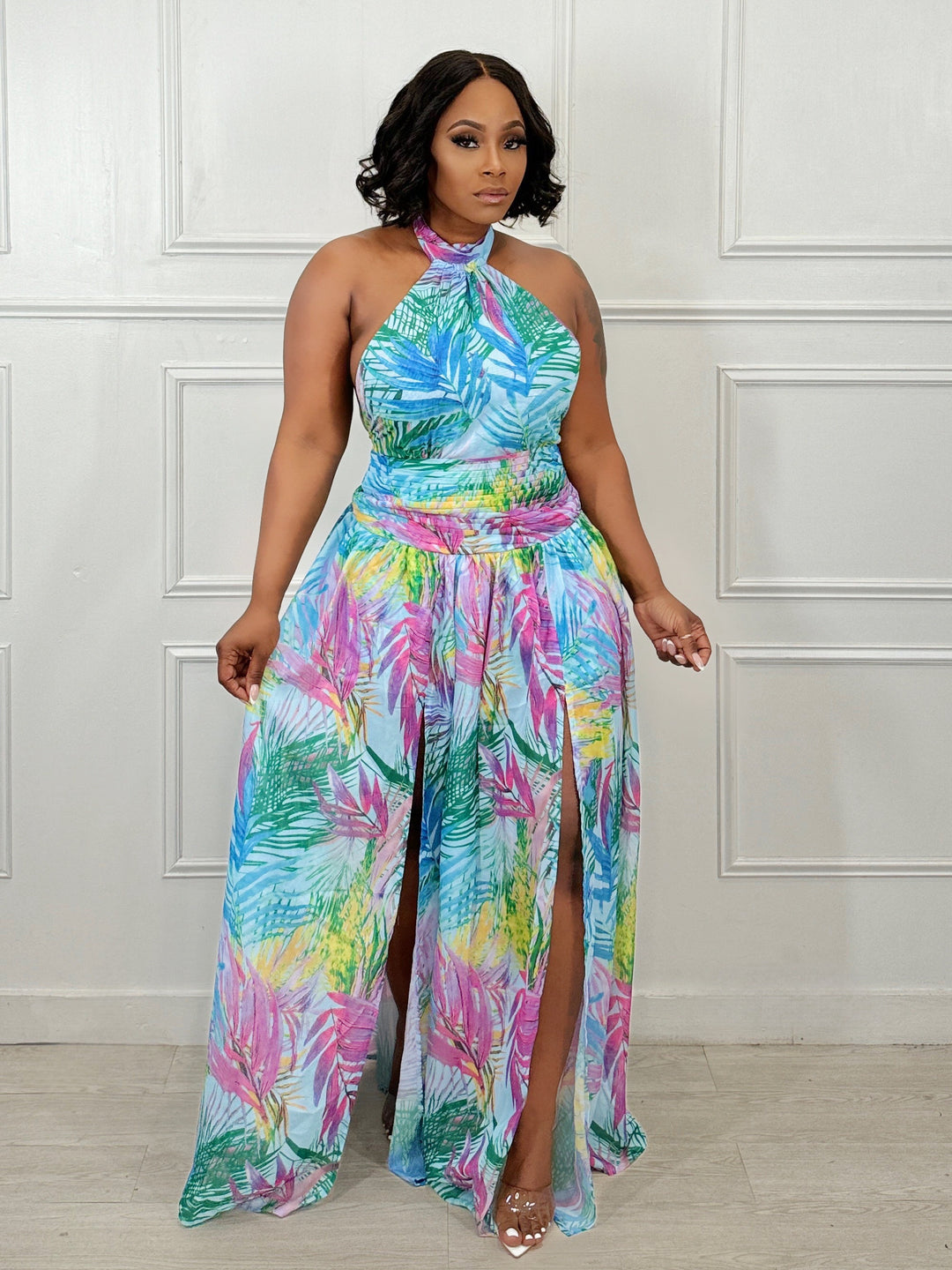 Bird Of Paradise Halter Maxi Dress(Light Blue Maxi)