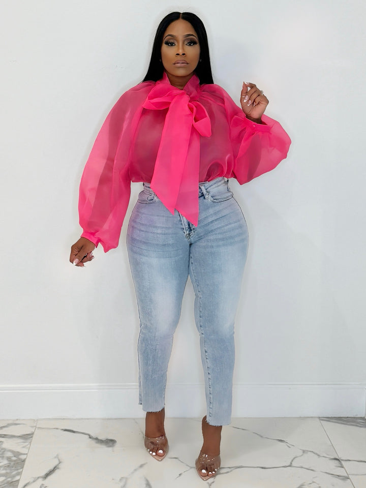 Take A Bow Balloon Sleeves Top (Pink)