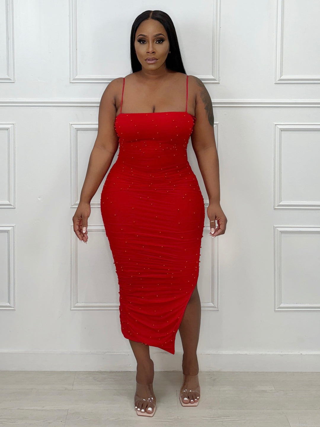 Bed Of Pearls Mesh BodyCon Midi Dress (Red)