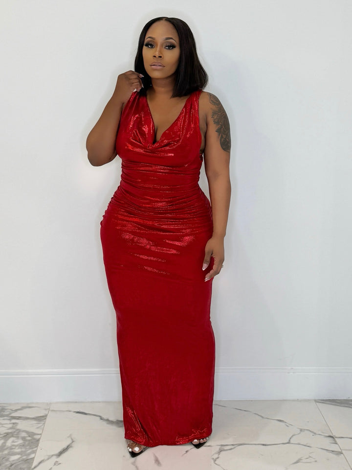 Red Carpet Event Metallic Drape Gown (Red)