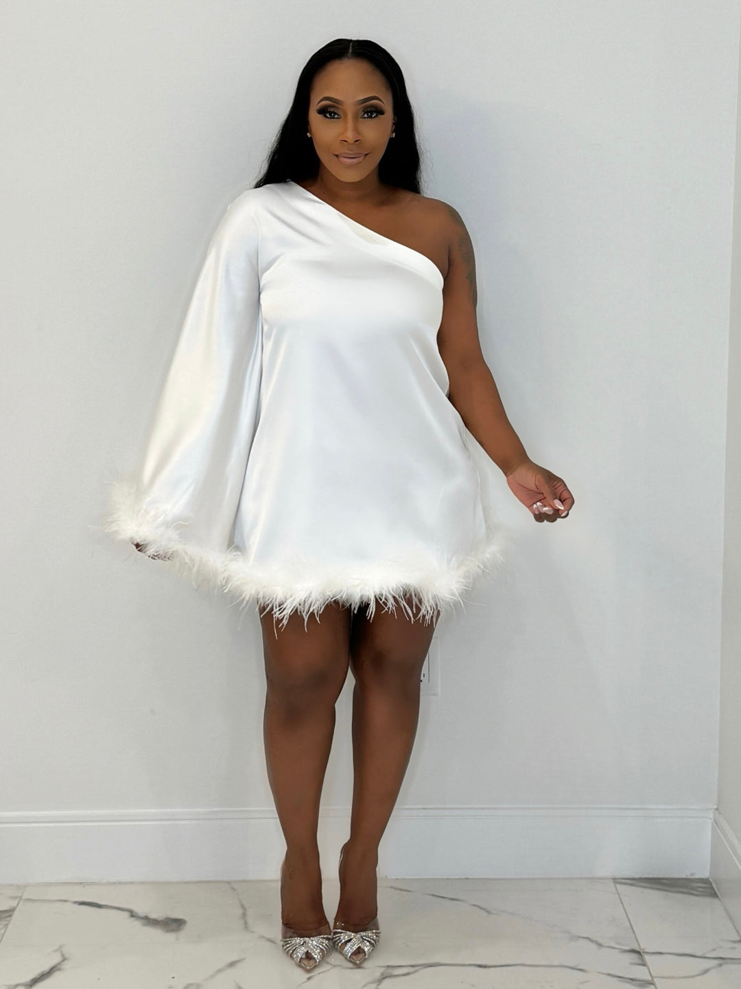 Special Invitation One Shoulder Drape Sleeve Mini Dress (White)