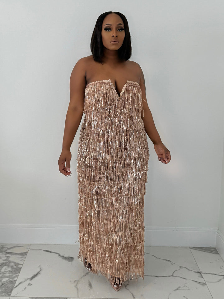 Get Into The Fringe Fitted Maxi Dress (Rosegold)
