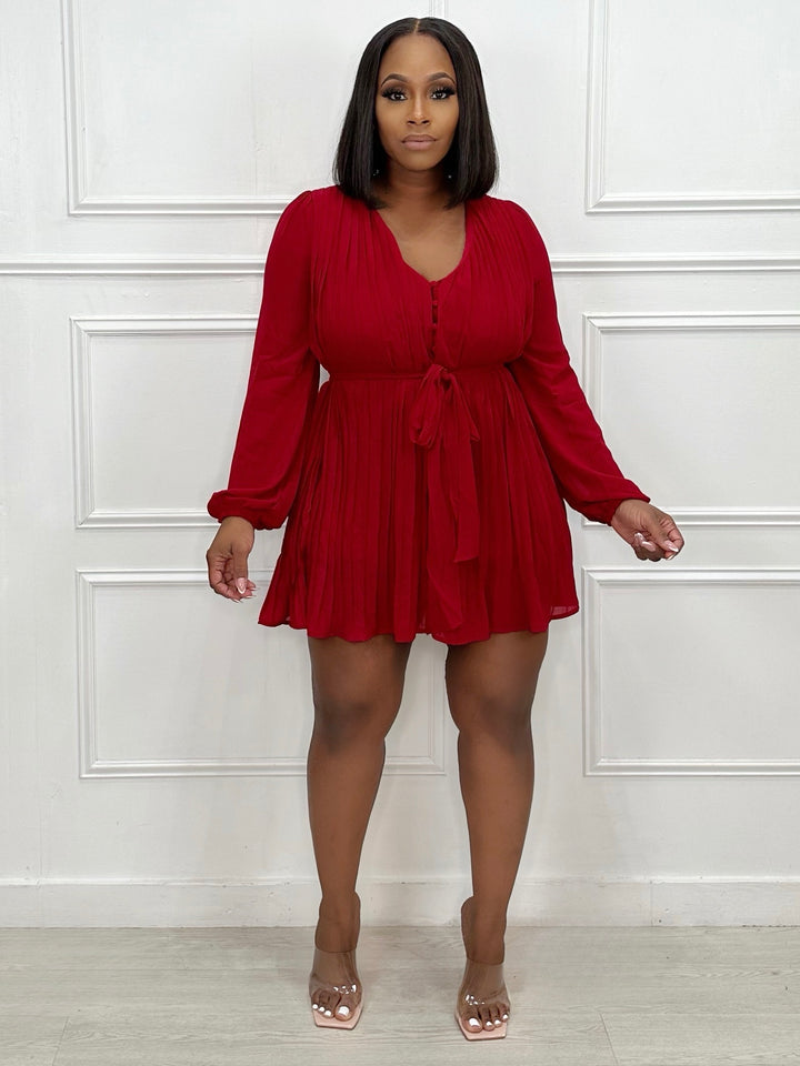 Pleated And Belted Long Sleeve Romper (Burgundy)