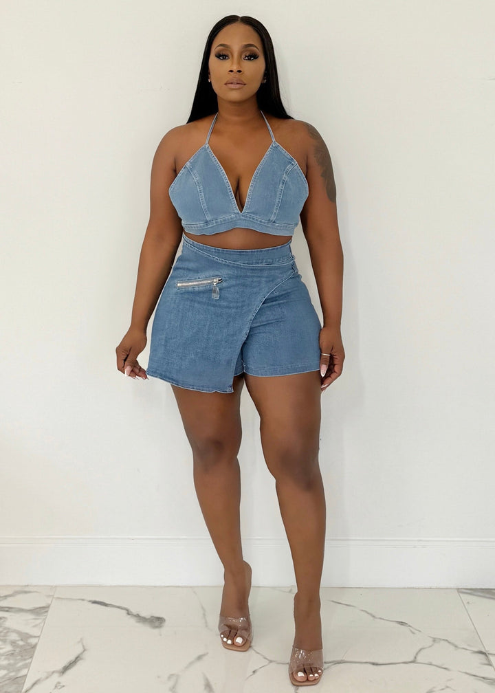 Denim Combo Shorts & Bra Set (Denim)