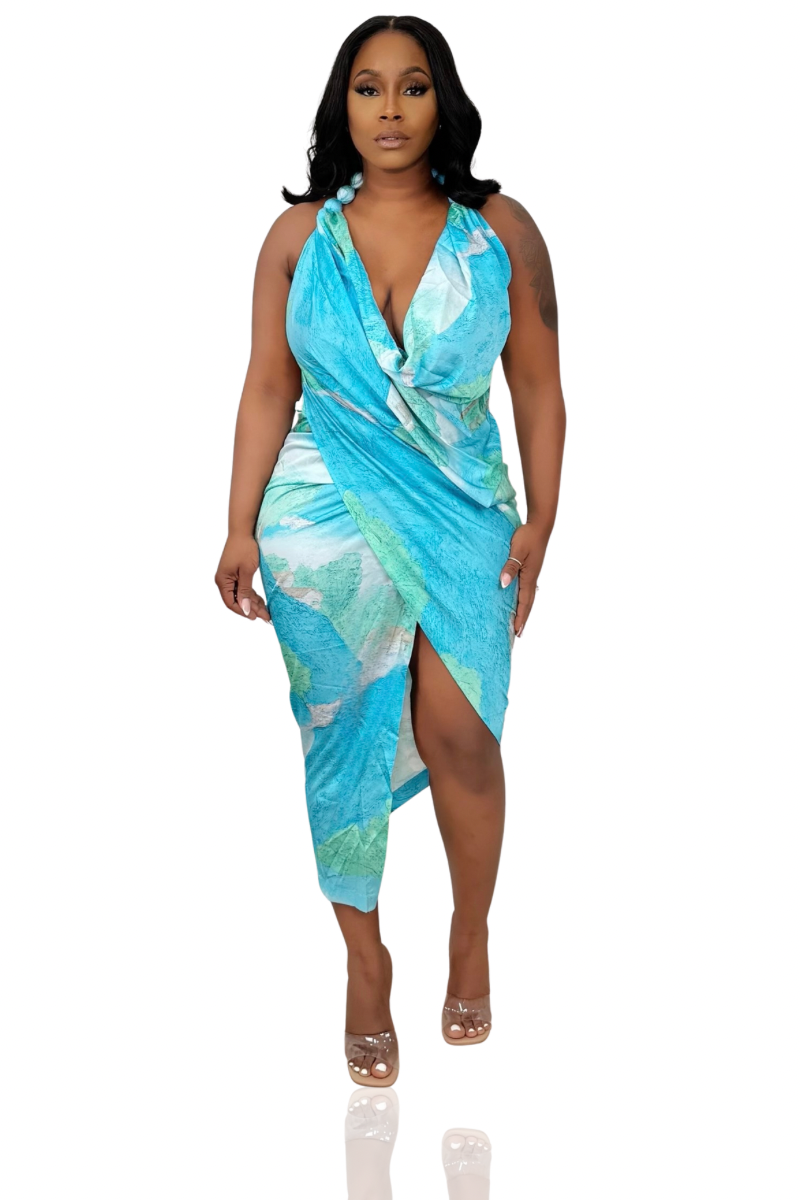 Water Color Cowl Neck Midi Dress (Blue Multi)