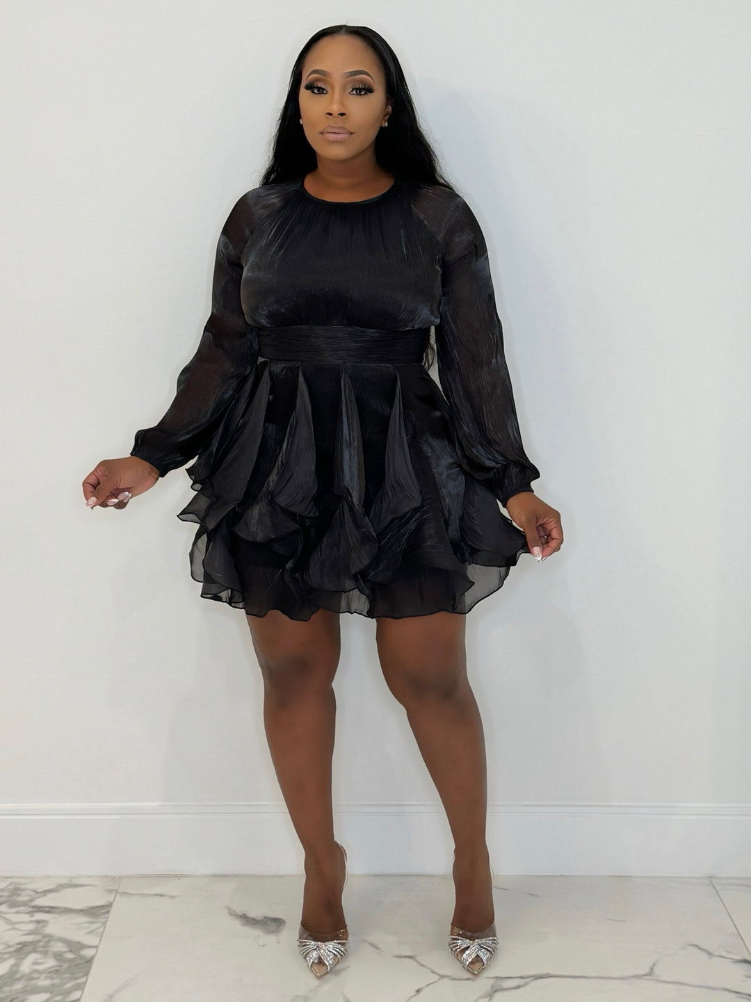 Fit & Flirty Long Sleeve Mini Dress(Black)