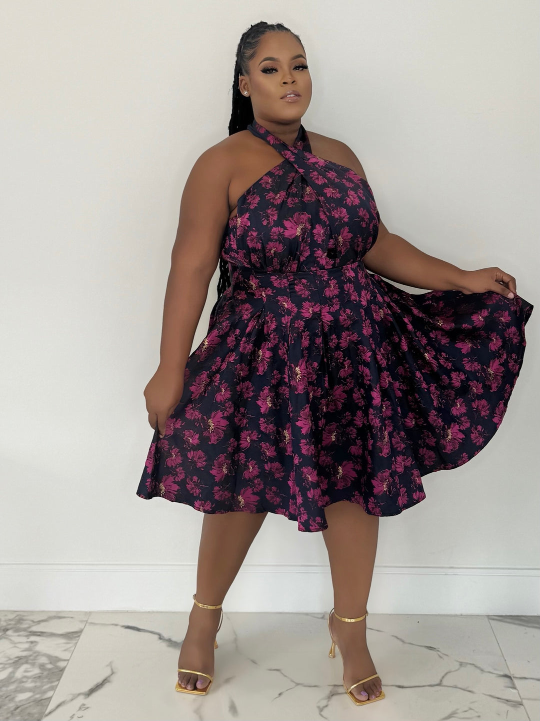 Fit For Classy Halter Neck & Skater Dress (Navy/Pink) Polkadotz Boutique Fit For Classy Halter Neck & Skater Dress (Navy/Pink) Polkadotz Boutique