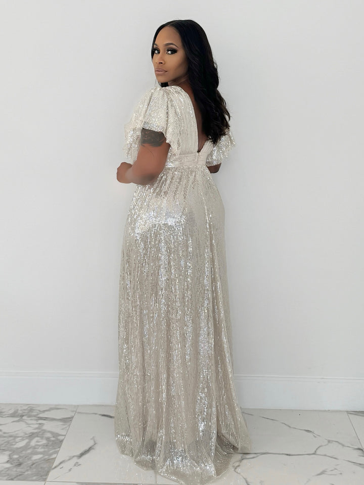 Step Up In Class Flutter Sleeve Sequin Gown (Nude/Silver)