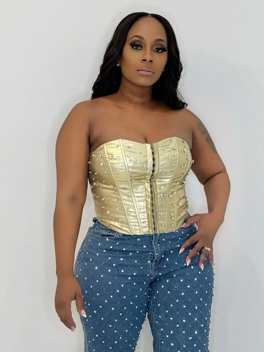 Bling It Out Rhinestone Corset Top (Gold)